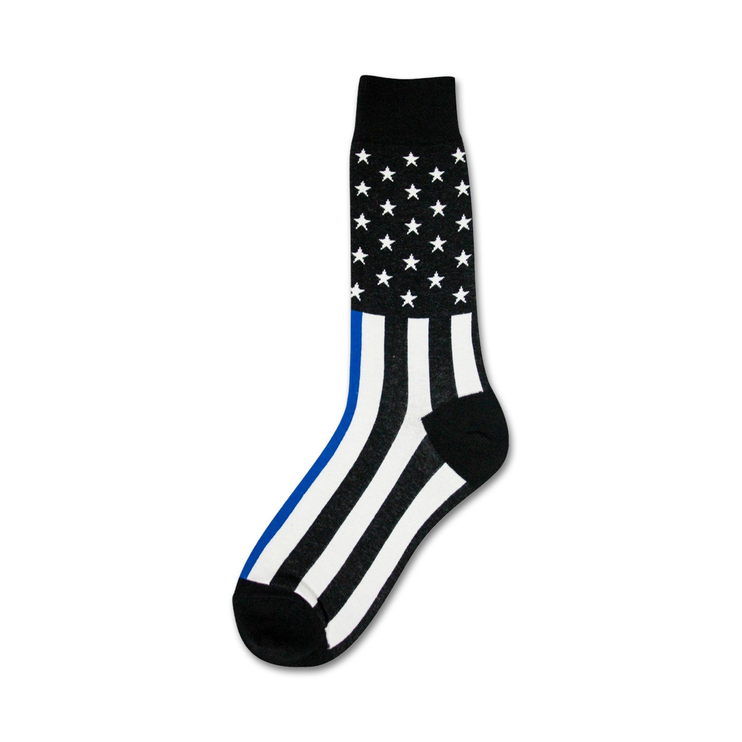Crew socks in black and white with a thin blue line and an American flag design on the upper part of the sock.