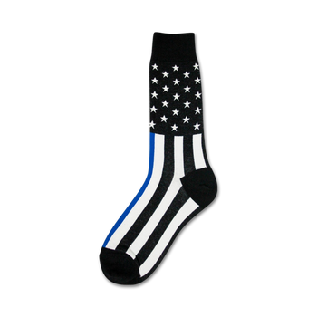 black crew socks with white stars and blue/white stripes, law enforcement pattern, men's.  