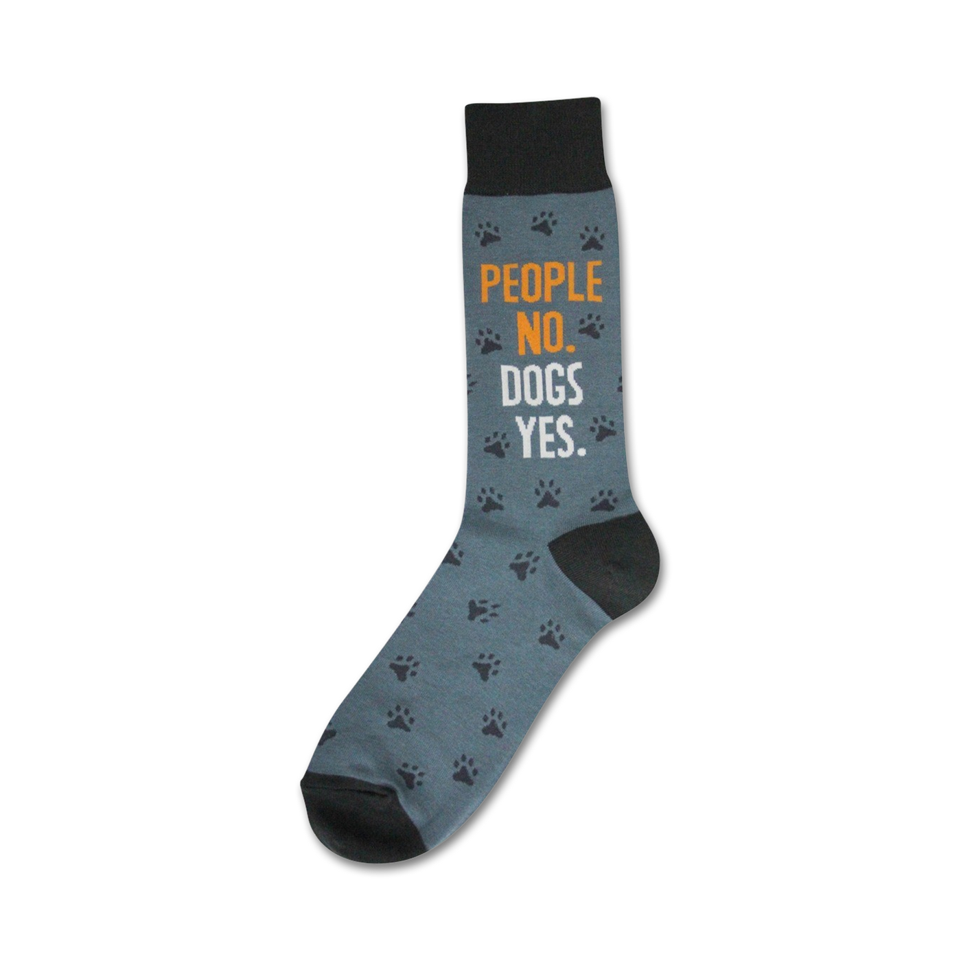 Crew socks in gray with black paw prints and the text 'People No. Dogs Yes.' in orange and white.