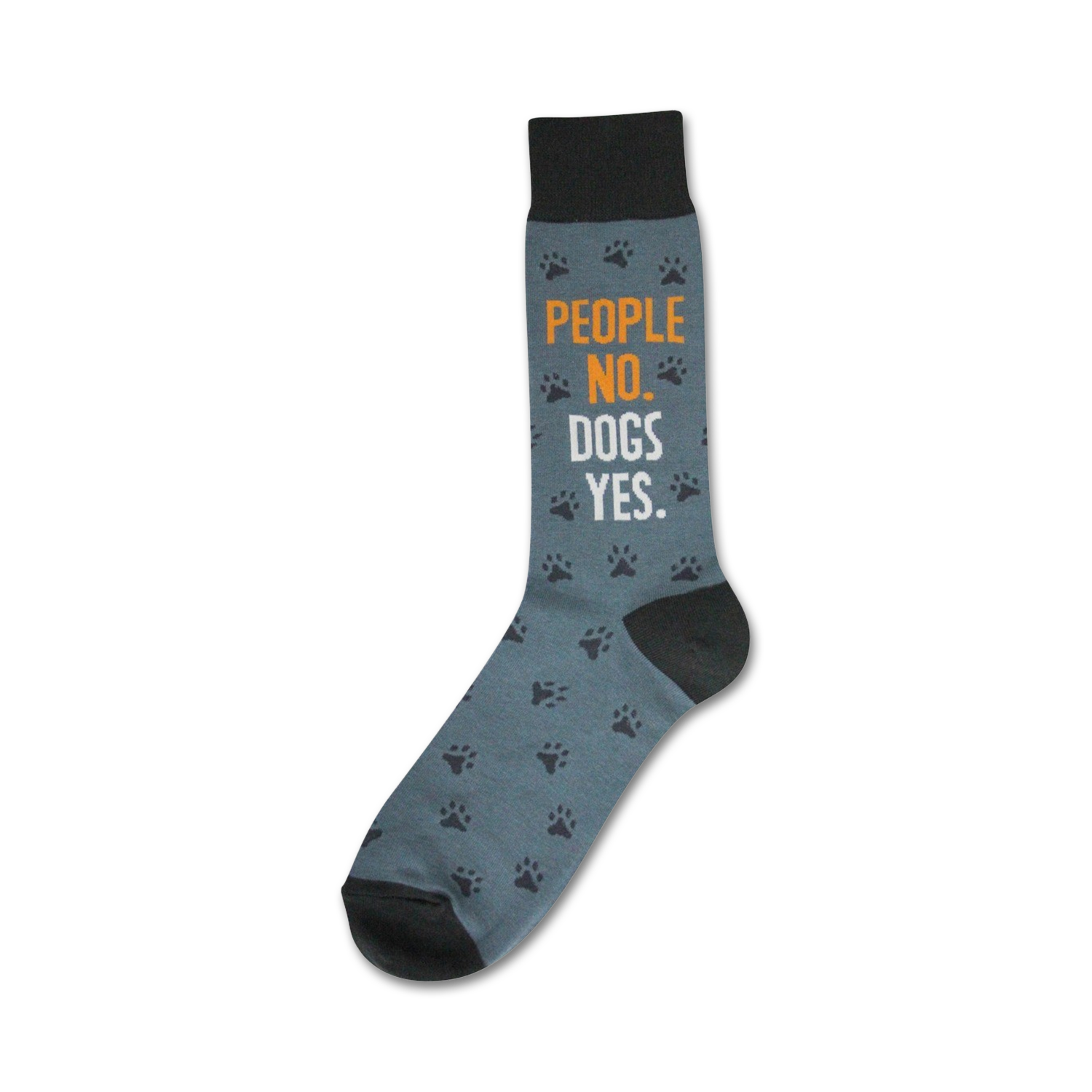 Crew socks in gray with black paw prints and the text 'People No. Dogs Yes.' in orange and white.