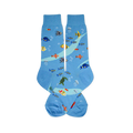Light blue crew socks featuring a pattern of clownfish, sea turtles, jellyfish, blue tangs, and white bubbles.