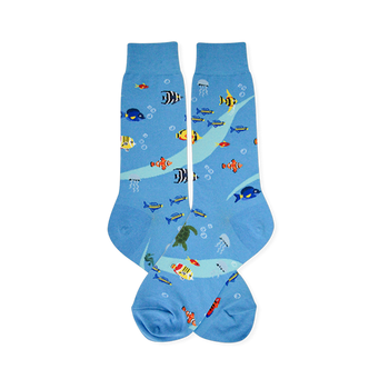 Light blue crew socks featuring a pattern of clownfish, sea turtles, jellyfish, blue tangs, and white bubbles.