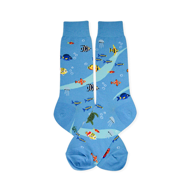 Light blue crew socks featuring a pattern of clownfish, sea turtles, jellyfish, blue tangs, and white bubbles.