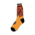 Crew socks in orange and black with a graphic of a firefighter battling flames.  Features a Maltese cross design detail.