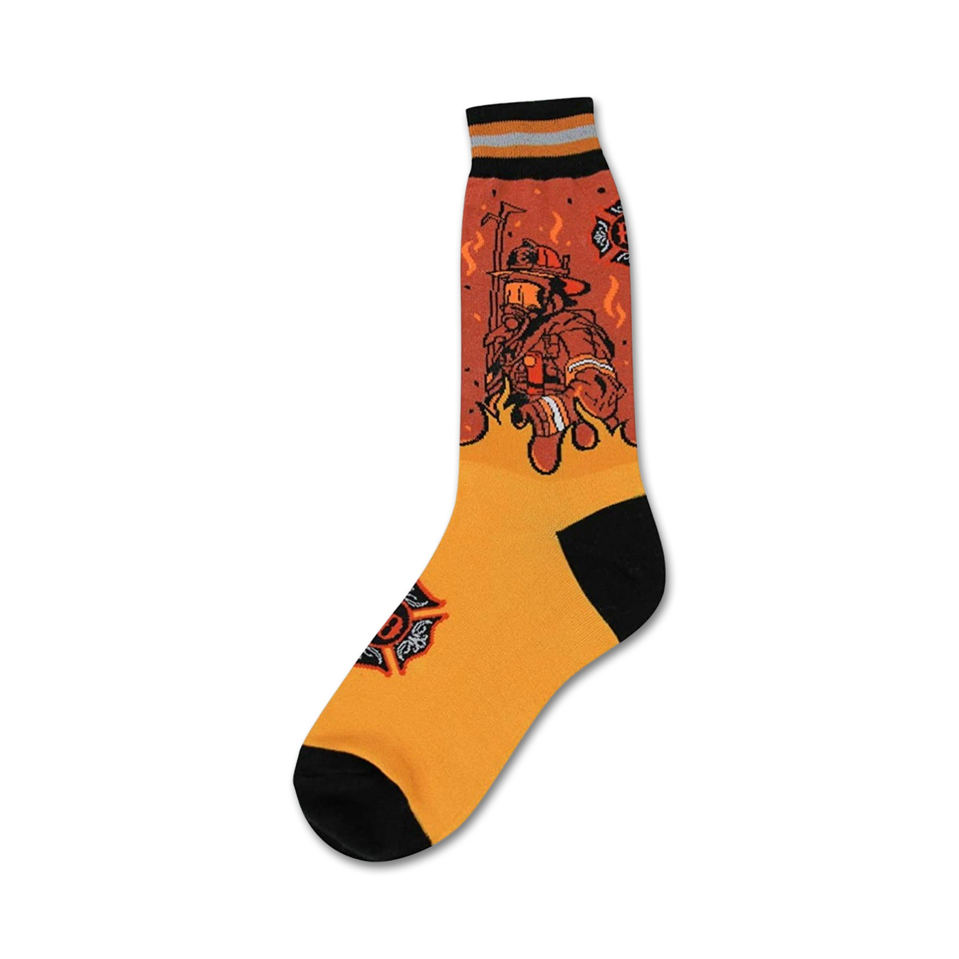 Crew socks in orange and black with a graphic of a firefighter battling flames.  Features a Maltese cross design detail.