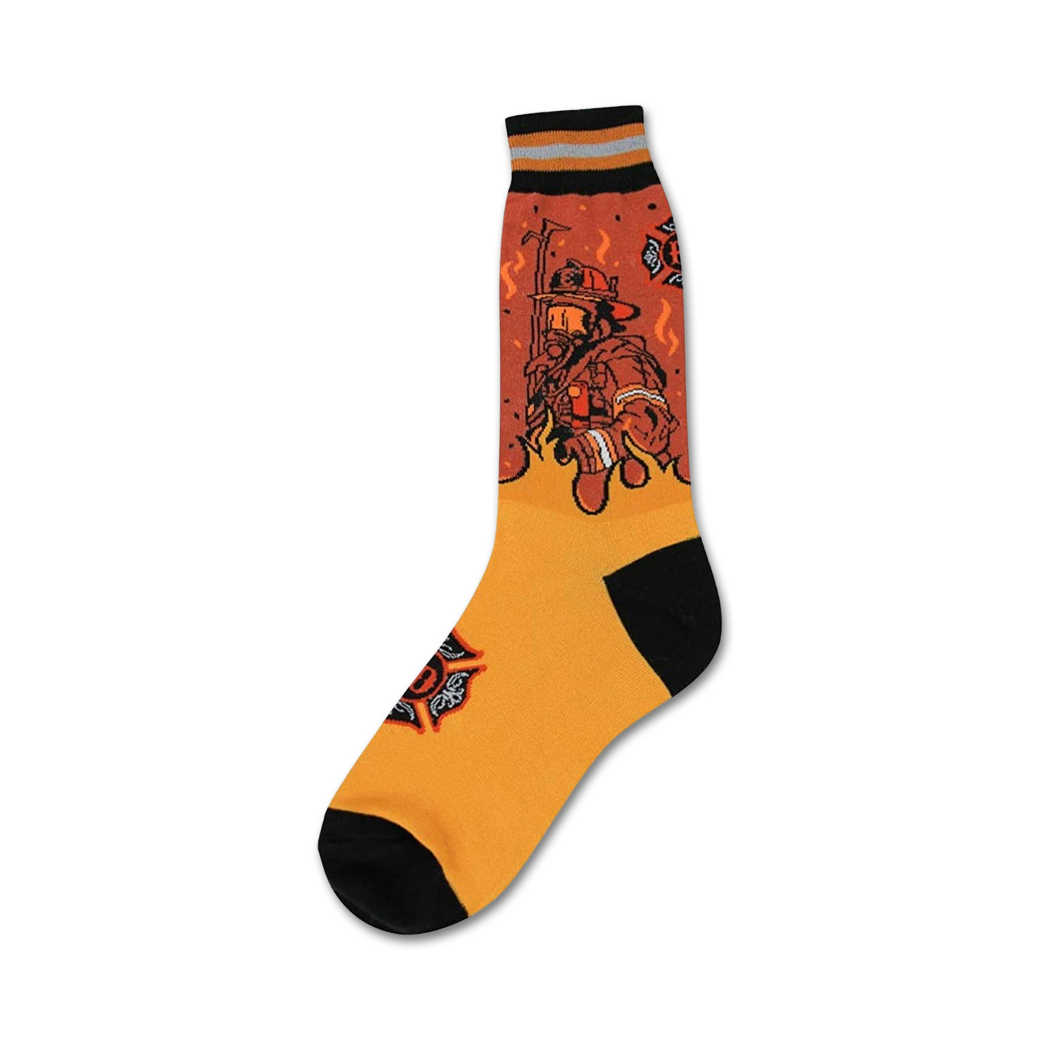 Crew socks in orange and black with a graphic of a firefighter battling flames.  Features a Maltese cross design detail.