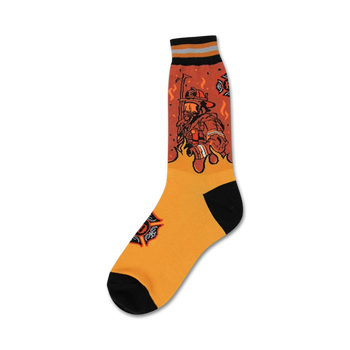 crew length socks with firefighter pattern. made for men in orange, black and gray.   