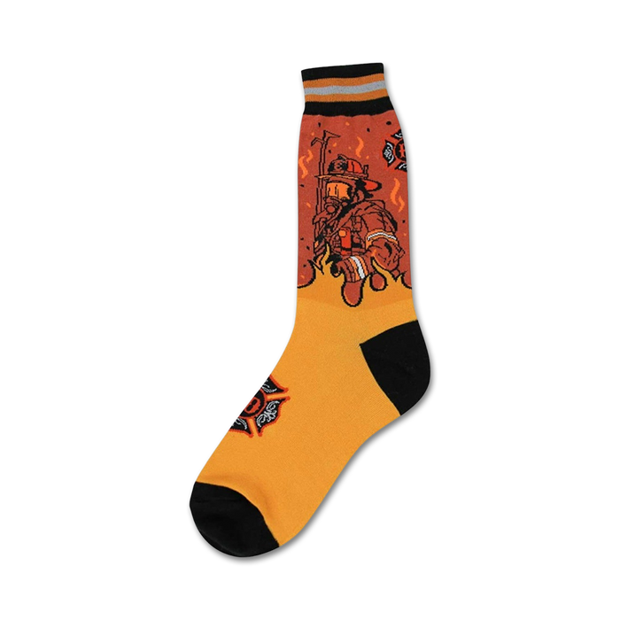 crew length socks with firefighter pattern. made for men in orange, black and gray.    }}