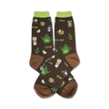 Pair of brown crew socks with green tea-themed illustrations: teapots, tea bags, and cups.  Names of different teas are also printed on the socks.