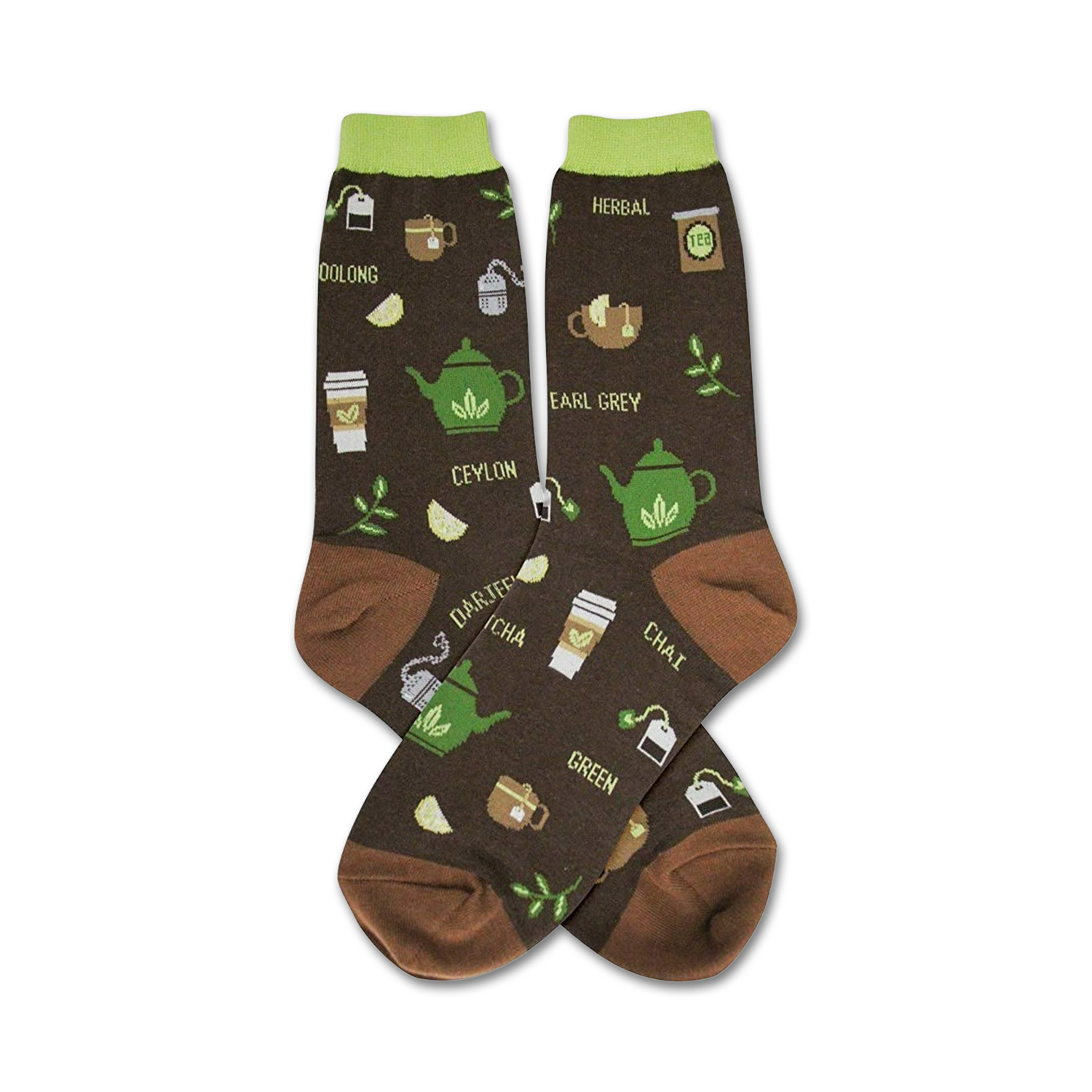 Pair of brown crew socks with green tea-themed illustrations: teapots, tea bags, and cups.  Names of different teas are also printed on the socks.
