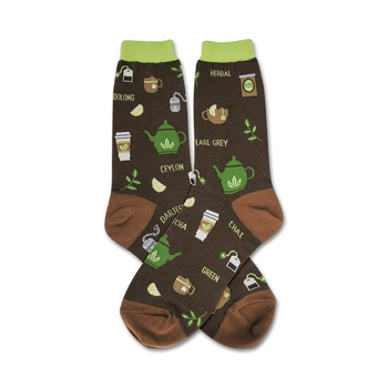 womens crew socks with a tea leaves, tea bags, and tea pots pattern for tea lovers.  