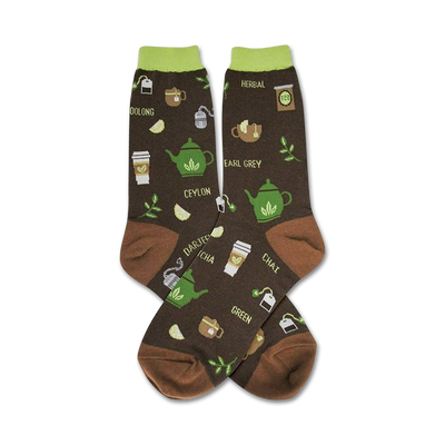 womens crew socks with a tea leaves, tea bags, and tea pots pattern for tea lovers.  