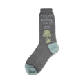 Gray crew socks with teal accents. Design features a quote: 'Where there is reading there is life,' and an illustration of a person reading under a tree.