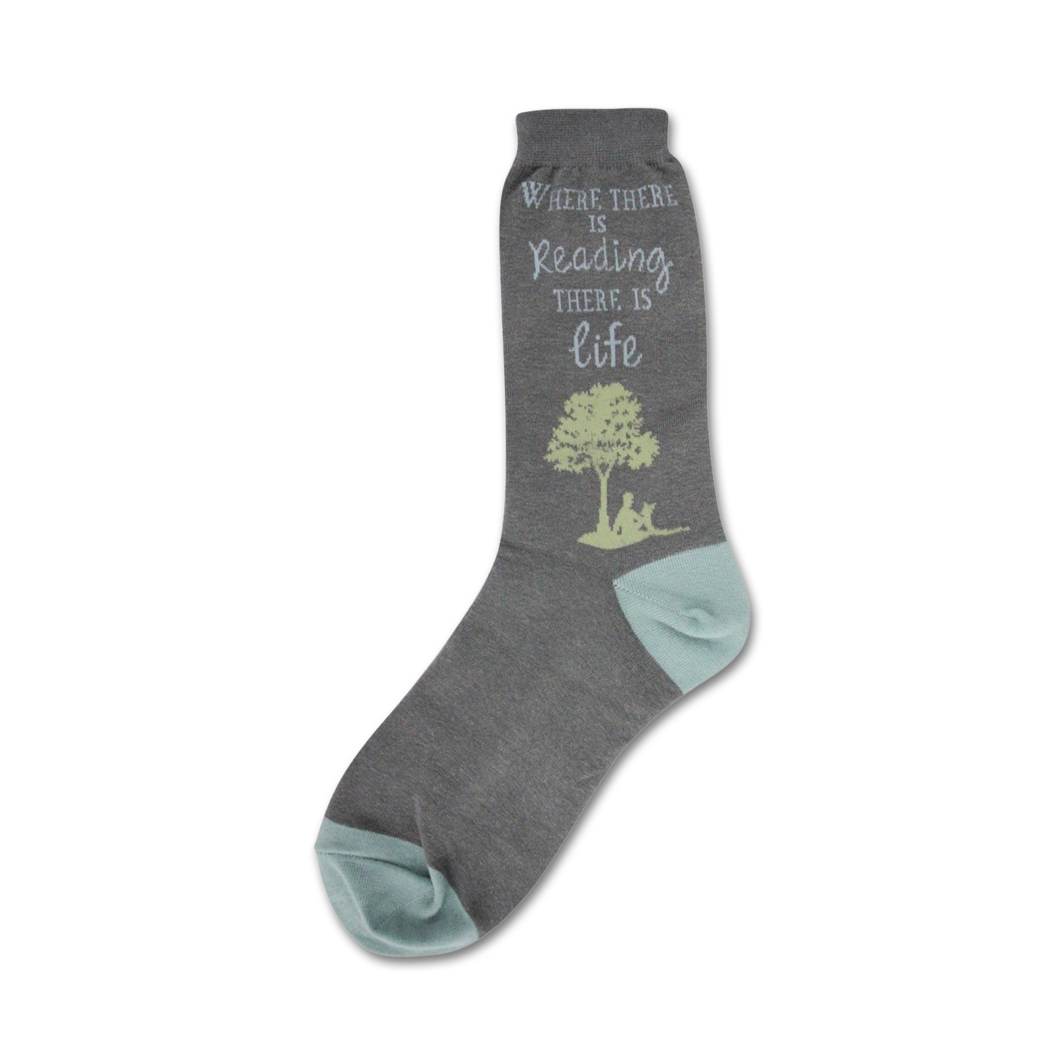 Gray crew socks with teal accents. Design features a quote: 'Where there is reading there is life,' and an illustration of a person reading under a tree.