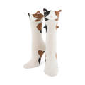 Pair of creamy white crew socks featuring calico cat faces with 3D ears and brown and black patches down the leg.