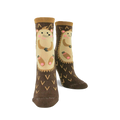 Pair of brown crew socks with a beige hedgehog design. The socks have a non-skid bottom and small 'V' shapes.