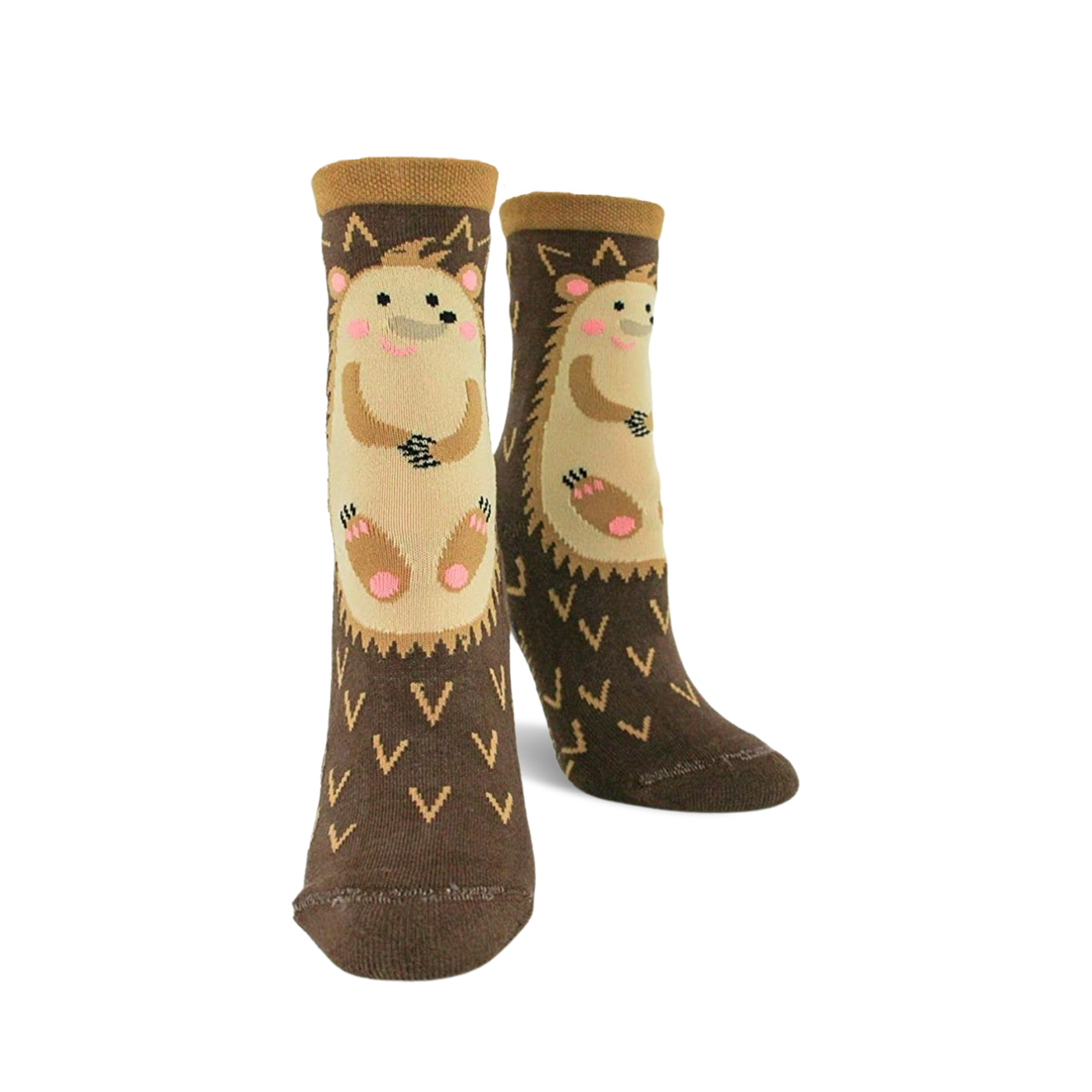 Pair of brown crew socks with a beige hedgehog design. The socks have a non-skid bottom and small 'V' shapes.
