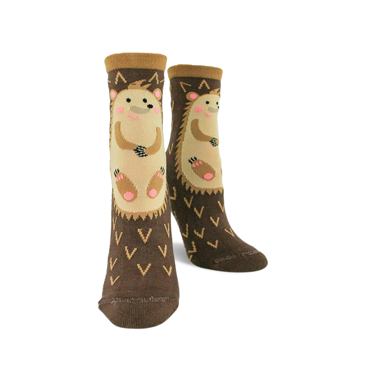 Pair of brown crew socks with a beige hedgehog design. The socks have a non-skid bottom and small 'V' shapes.