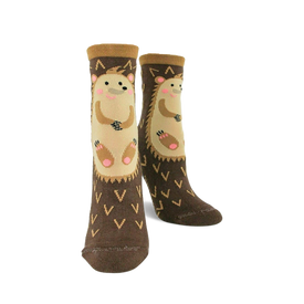 hedgehog non-skid slipper socks for women featuring a brown and pink hedgehog design and non-skid sole.  