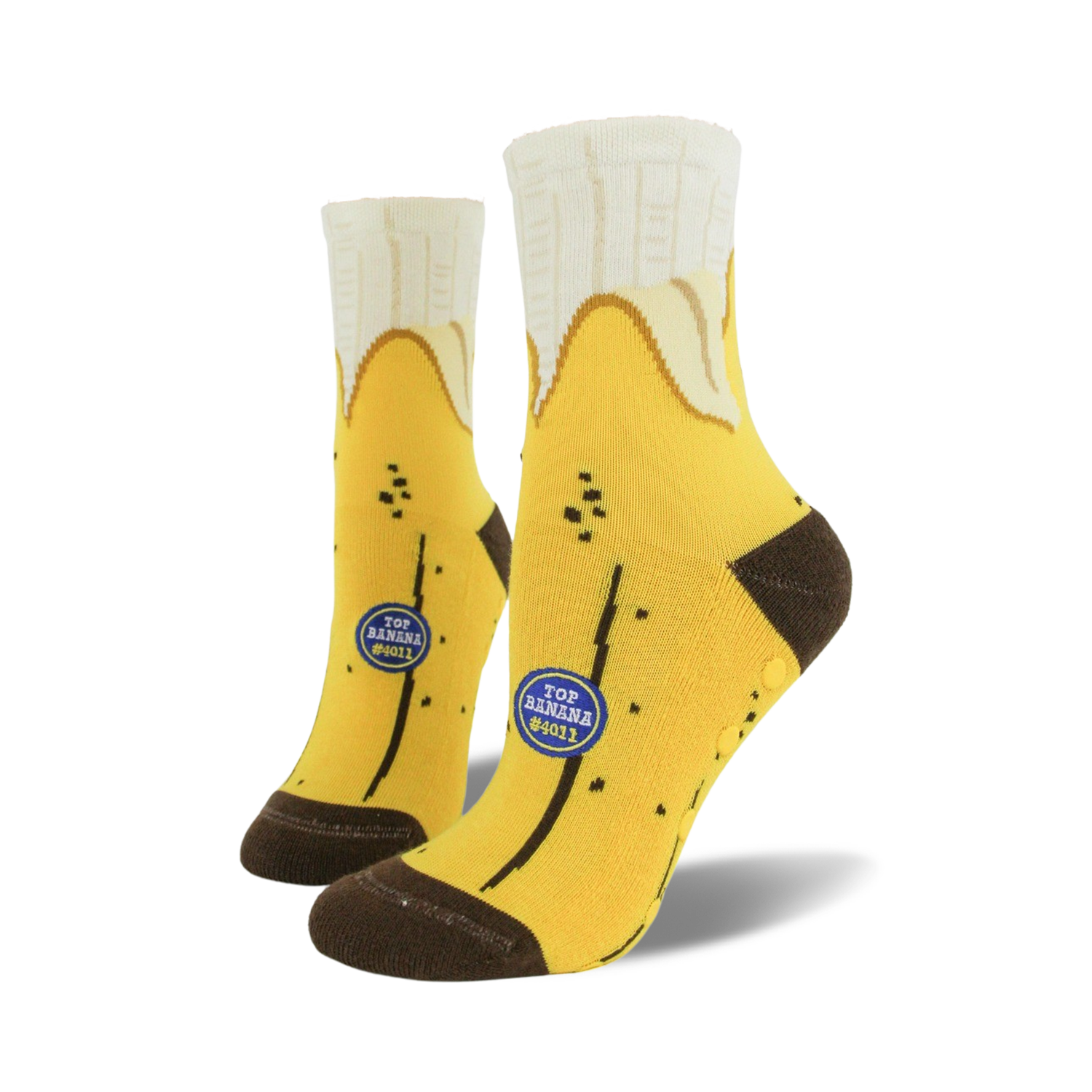 Pair of yellow banana-themed non-skid slipper socks. Brown heel and toe. Features small blue logo that says 'Top Banana #4011'.