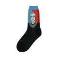 Crew socks showing a portrait of Ruth Bader Ginsburg in light blue and orange-red, with black foot and the phrase 'When there are nine'.