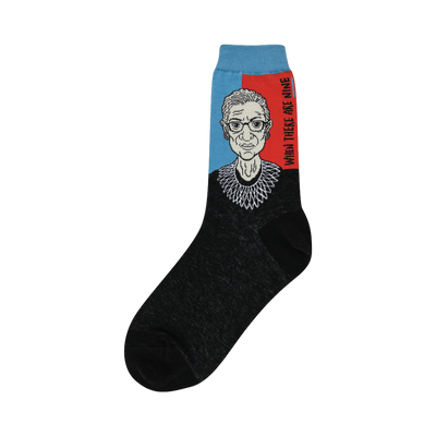 Crew socks showing a portrait of Ruth Bader Ginsburg in light blue and orange-red, with black foot and the phrase 'When there are nine'.