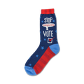 Crew socks in navy blue, red, and light blue.  The socks feature white stars, red stripes, and text that says 'Stop complaining, Vote!' with a checkmark.