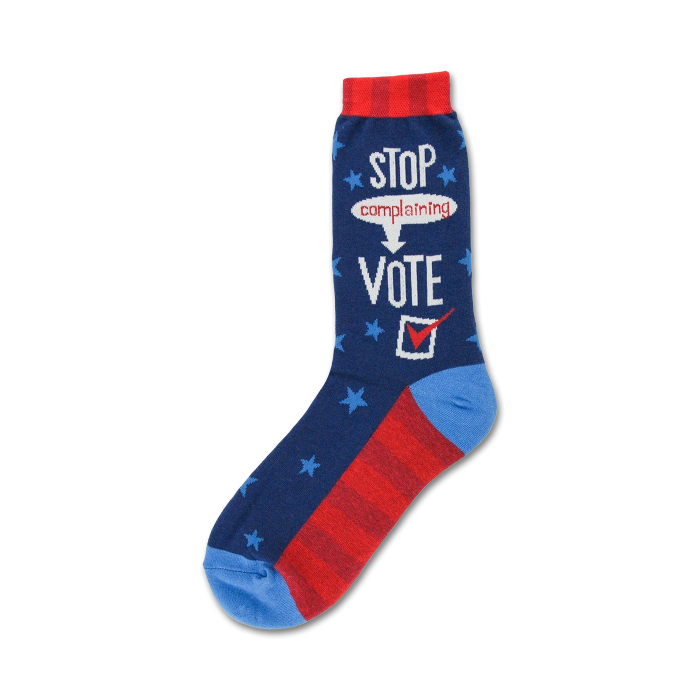 Crew socks in navy blue, red, and light blue.  The socks feature white stars, red stripes, and text that says 'Stop complaining, Vote!' with a checkmark.