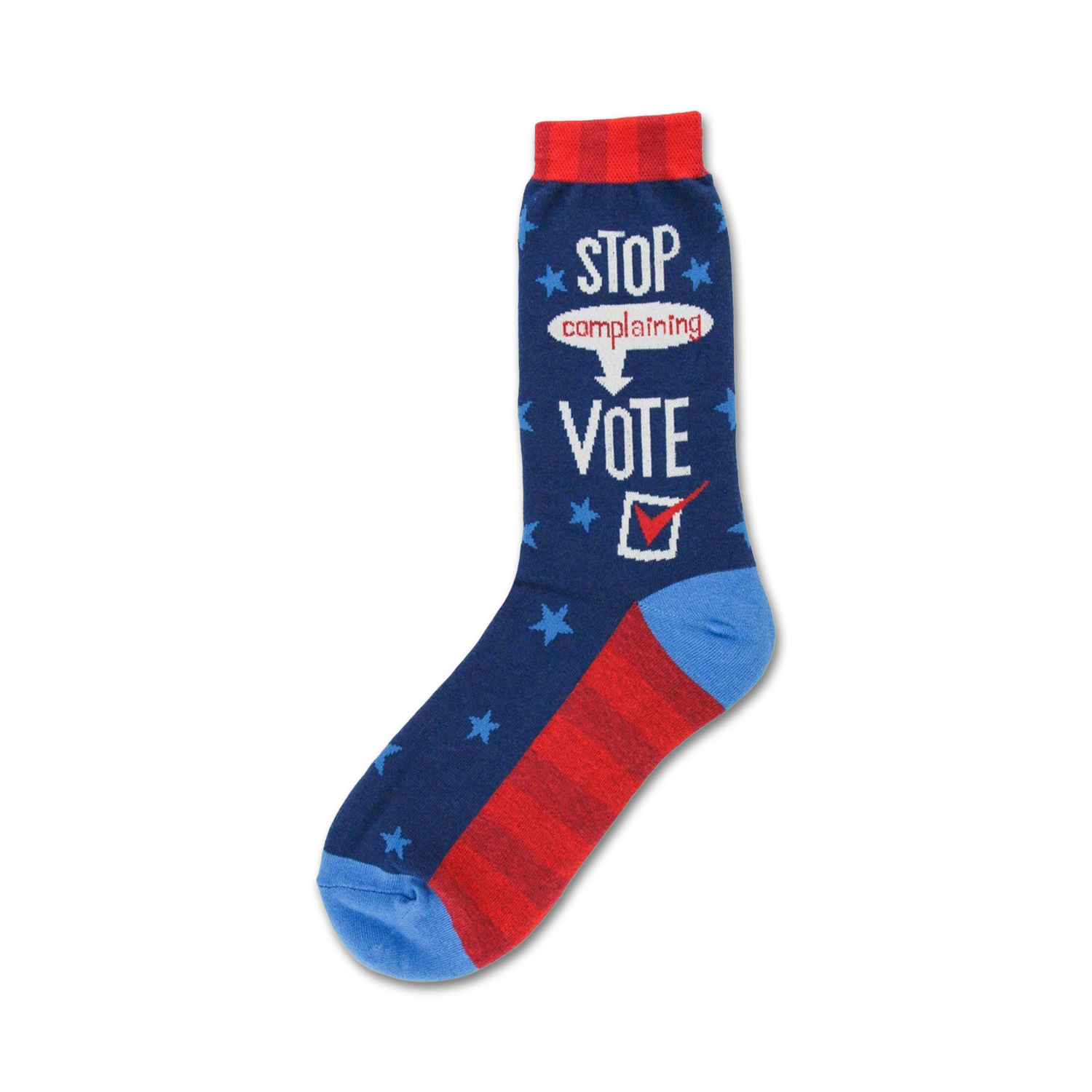 Crew socks in navy blue, red, and light blue.  The socks feature white stars, red stripes, and text that says 'Stop complaining, Vote!' with a checkmark.