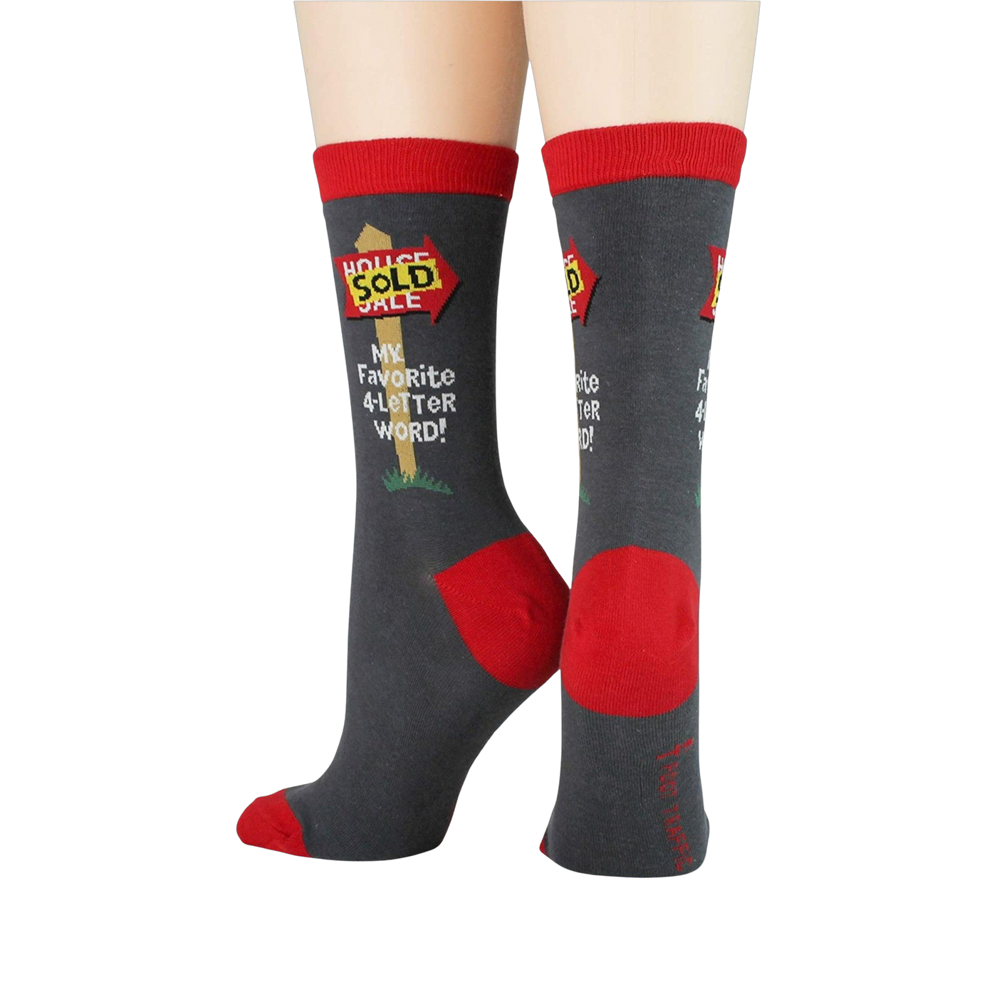 Pair of grey and red 'Realtor' socks on a model's feet.