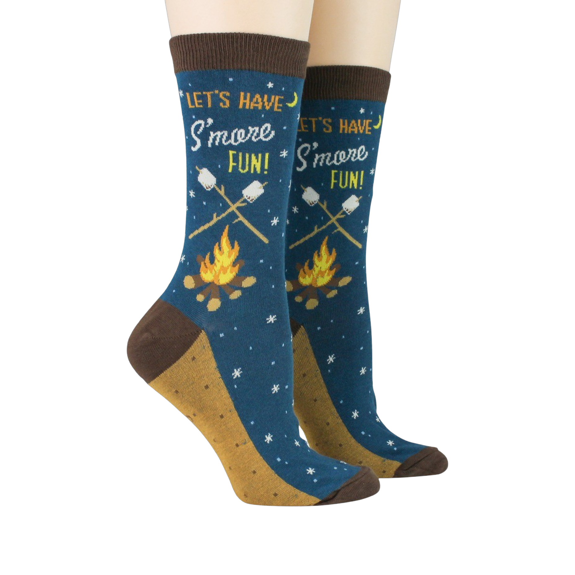 Pair of 'Let's Have S'more Fun!' socks on a model's feet against a black background.