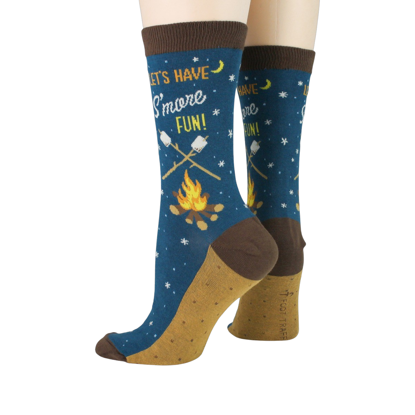Back view of a model wearing the 'Let's Have S'more Fun!' socks.