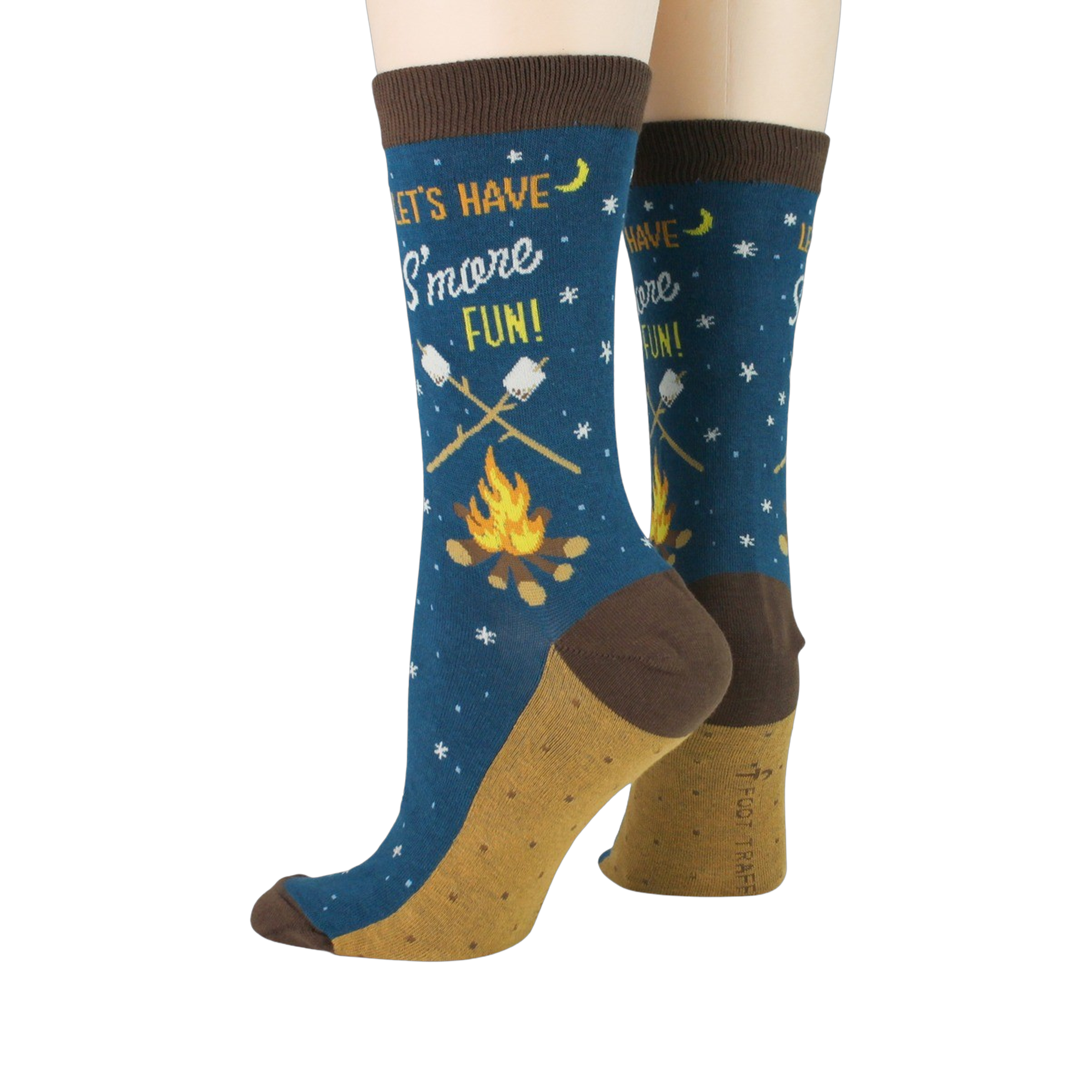 Back view of a model wearing the 'Let's Have S'more Fun!' socks.