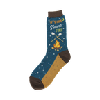 Crew socks in teal, brown, and gold. Campfire, marshmallows, and 'Let's Have S'more Fun!' text are featured on a night sky background.