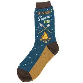 blue women's crew socks with campfire, brown trees, and white snowflakes motif, 'let's have s'more fun!' lettering.  