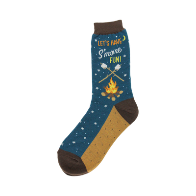 Crew socks in teal, brown, and gold. Campfire, marshmallows, and 'Let's Have S'more Fun!' text are featured on a night sky background.