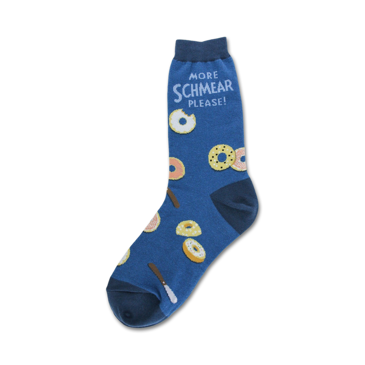 A blue crew sock with illustrated donuts and the text 'More Schmear Please!' in white.  Donuts are in pink, yellow, and brown.