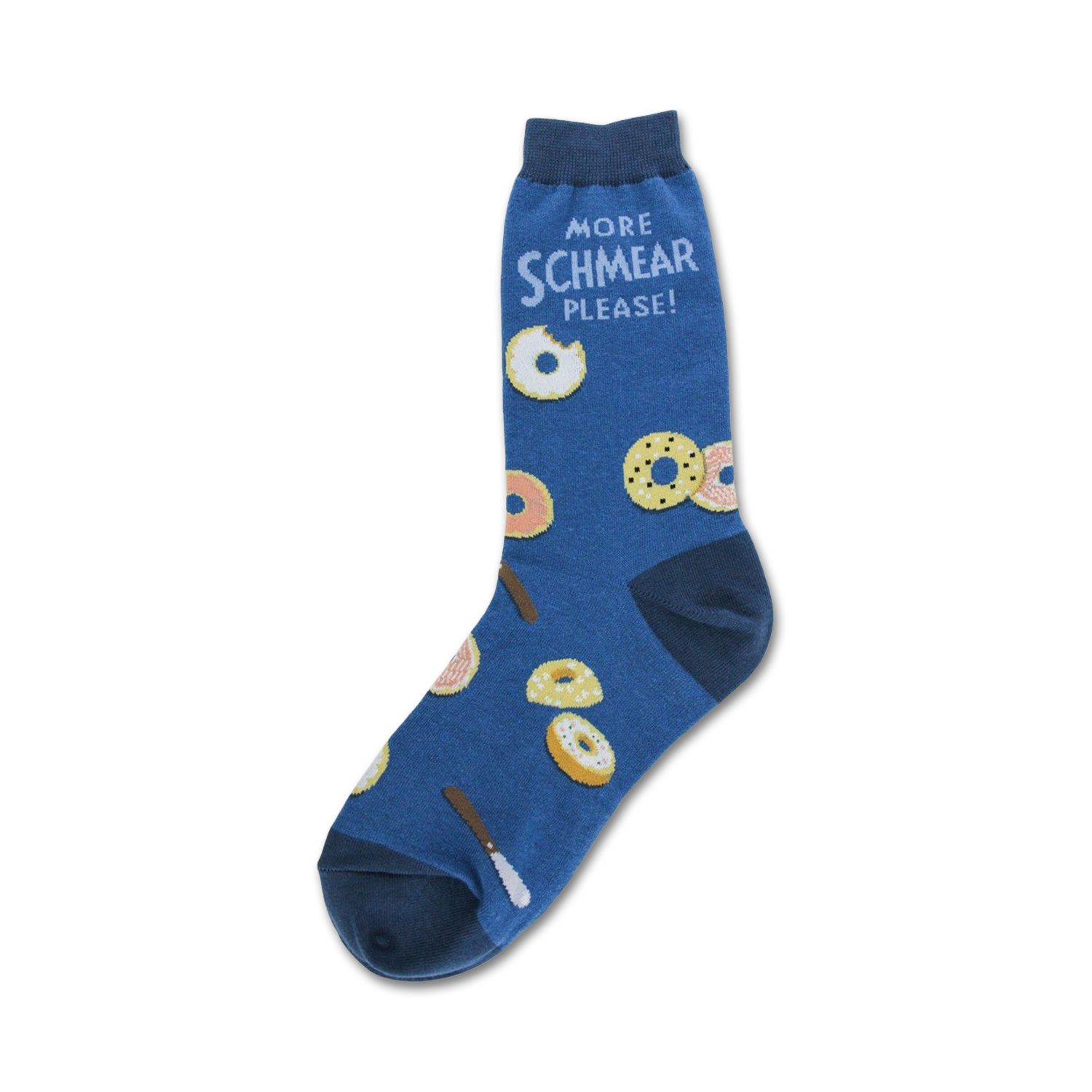 A blue crew sock with illustrated donuts and the text 'More Schmear Please!' in white.  Donuts are in pink, yellow, and brown.
