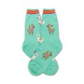 Pair of teal crew socks with a fun pattern of llamas carrying cacti. Orange and pink details on the cuffs.