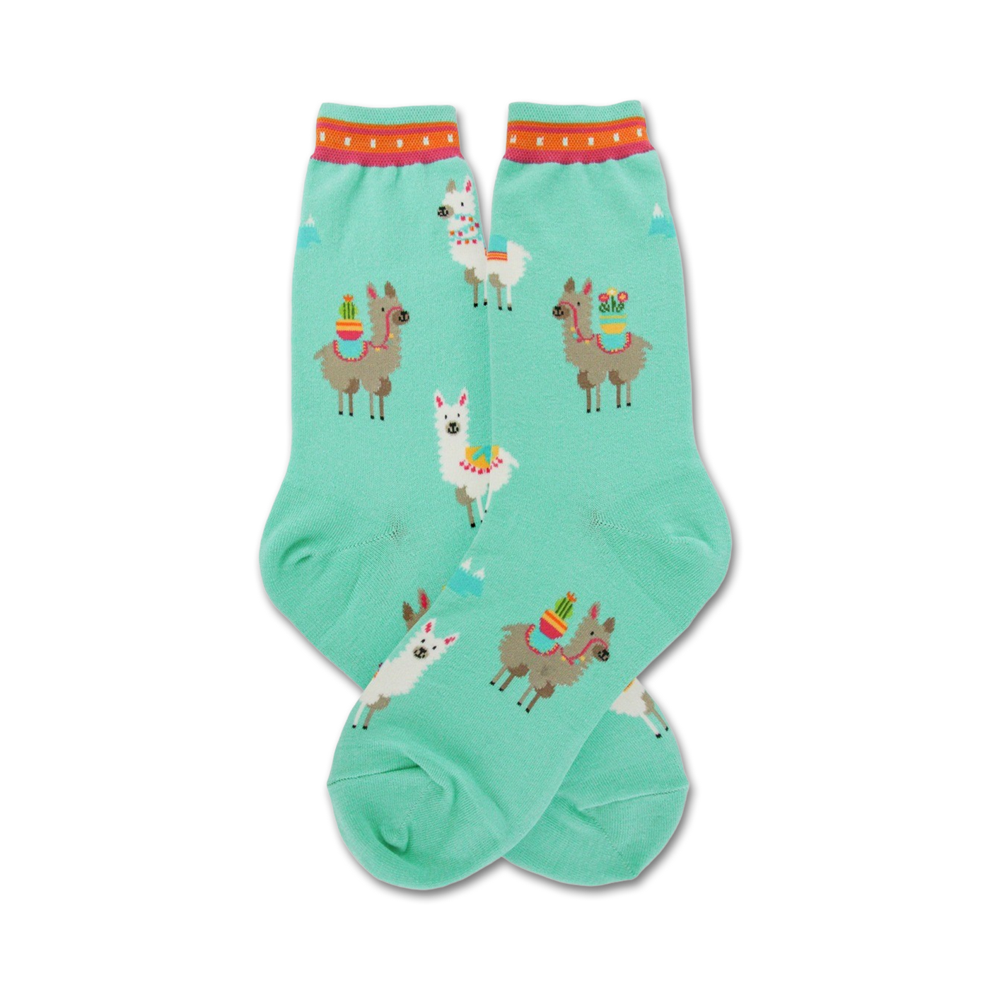 Pair of teal crew socks with a fun pattern of llamas carrying cacti. Orange and pink details on the cuffs.