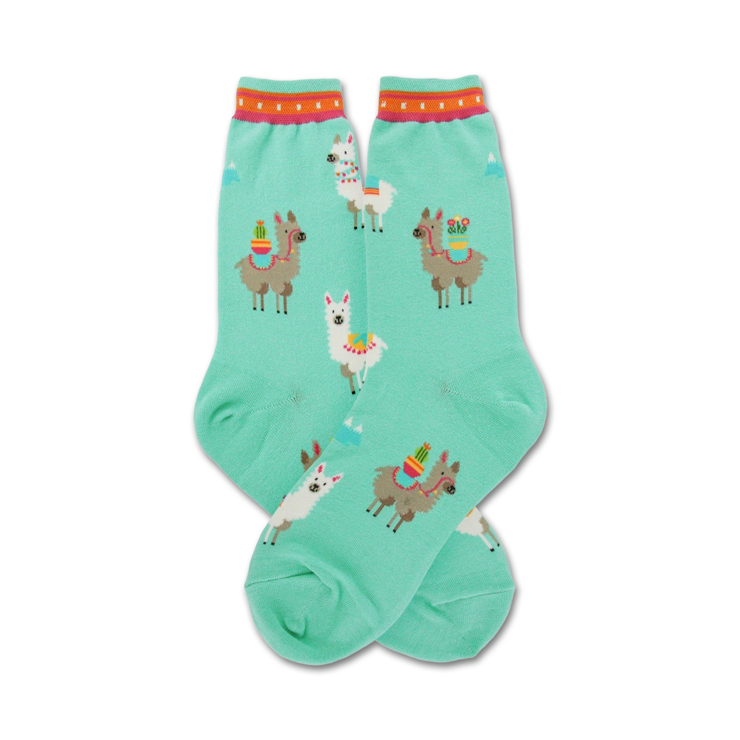 Pair of teal crew socks with a fun pattern of llamas carrying cacti. Orange and pink details on the cuffs.