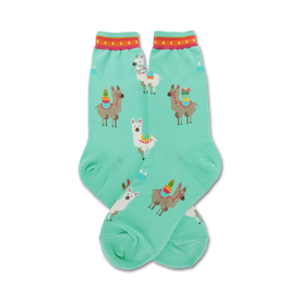 mint green crew socks with llama wearing saddles and cacti patterns.  