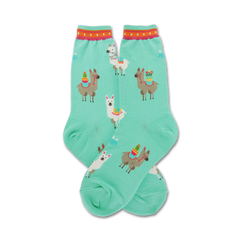 mint green crew socks with llama wearing saddles and cacti patterns.  
