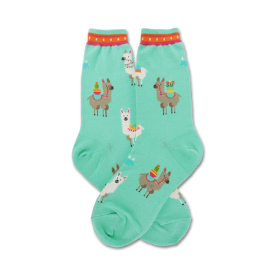 mint green crew socks with llama wearing saddles and cacti patterns.  