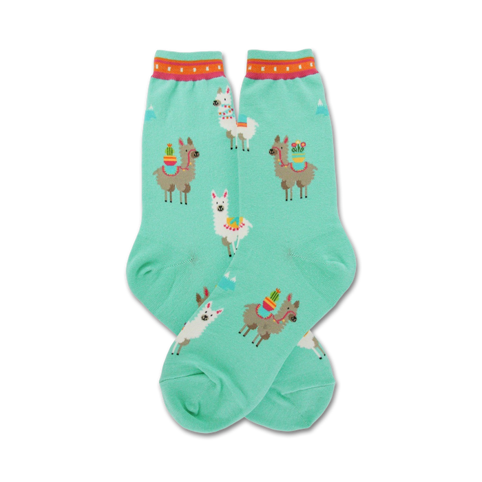 mint green crew socks with llama wearing saddles and cacti patterns.   }}