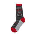 Crew socks in gray and red. The sock features the text 'Running Late Is My Cardio' and a red heartbeat graphic.