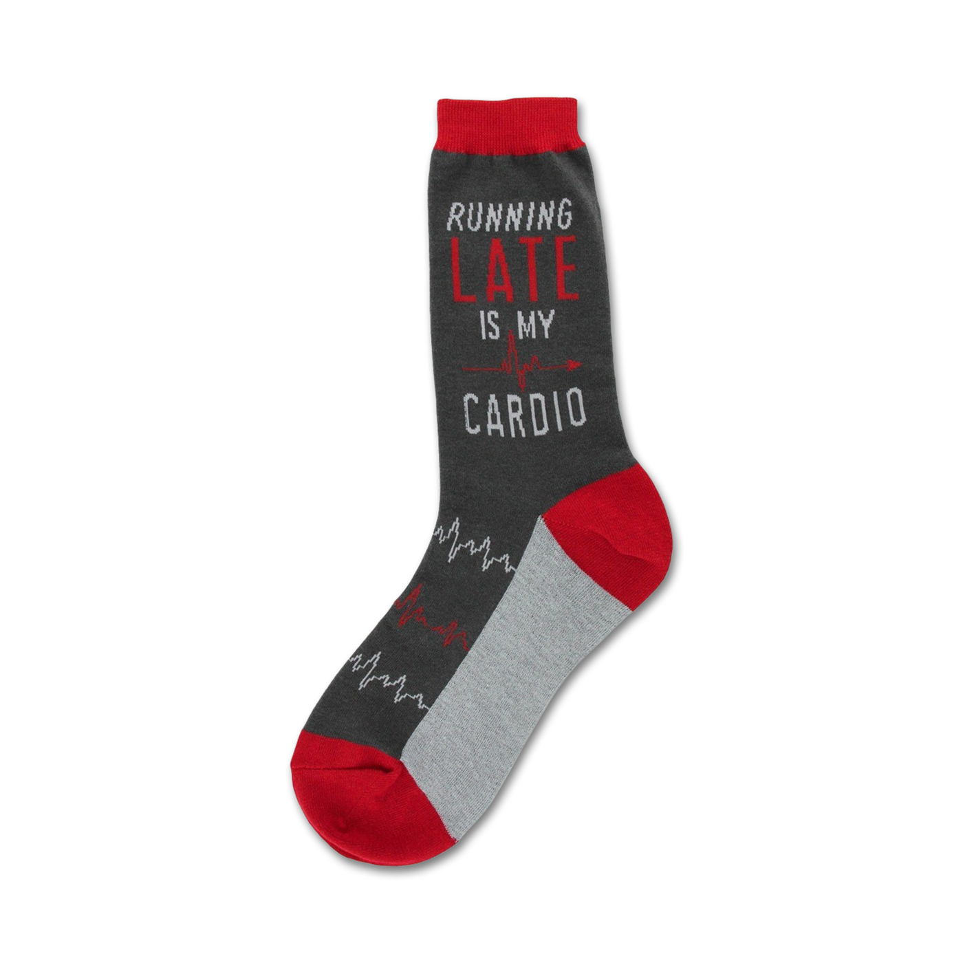 Crew socks in gray and red. The sock features the text 'Running Late Is My Cardio' and a red heartbeat graphic.