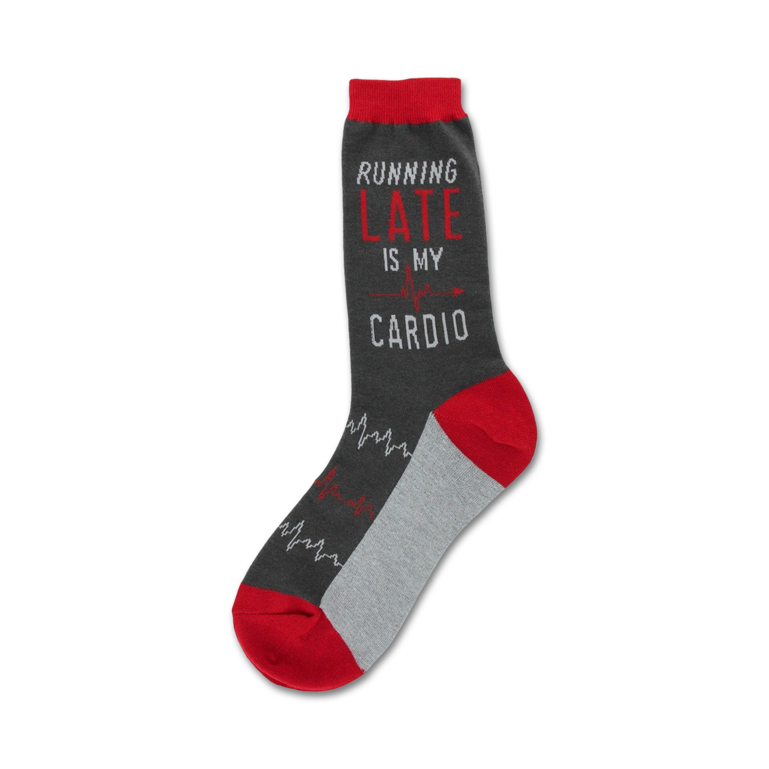 Crew socks in gray and red. The sock features the text 'Running Late Is My Cardio' and a red heartbeat graphic.