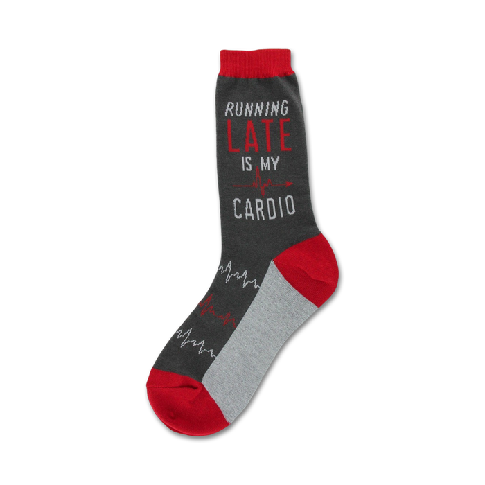 gray crew socks with red and white text reading 'running late is my cardio'. red toe and heel.   }}