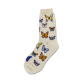 Cream-colored crew socks with a fun pattern of orange, yellow, and blue butterflies.